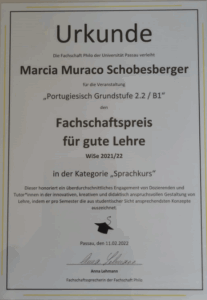 Urkunde Fachschftspreis gute Lehre für Frau Schobesberge